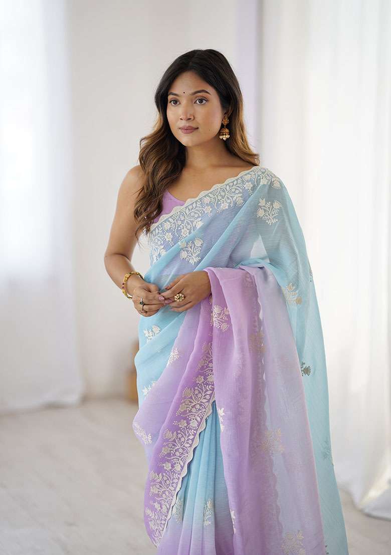Lavender Thread Work Silk Blend Saree Set for Diwali and Festive Wear - Indya