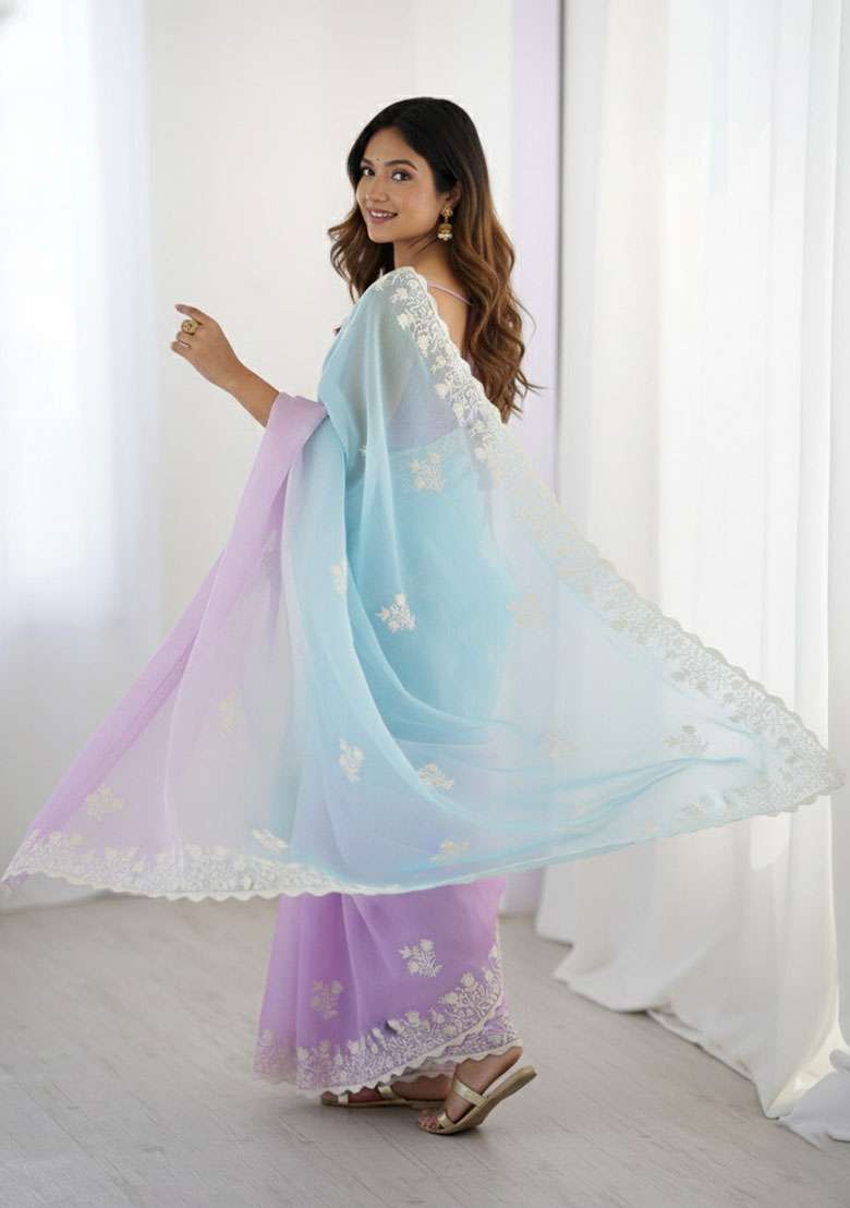 Lavender Thread Work Silk Blend Saree Set for Diwali and Festive Wear - Indya