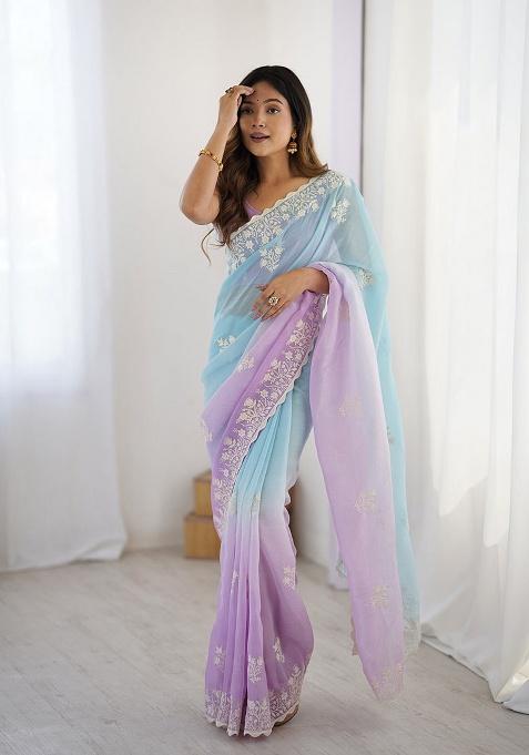 Lavender Thread Work Silk Saree Set