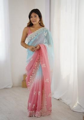 Blue Thread Work Silk Saree Set