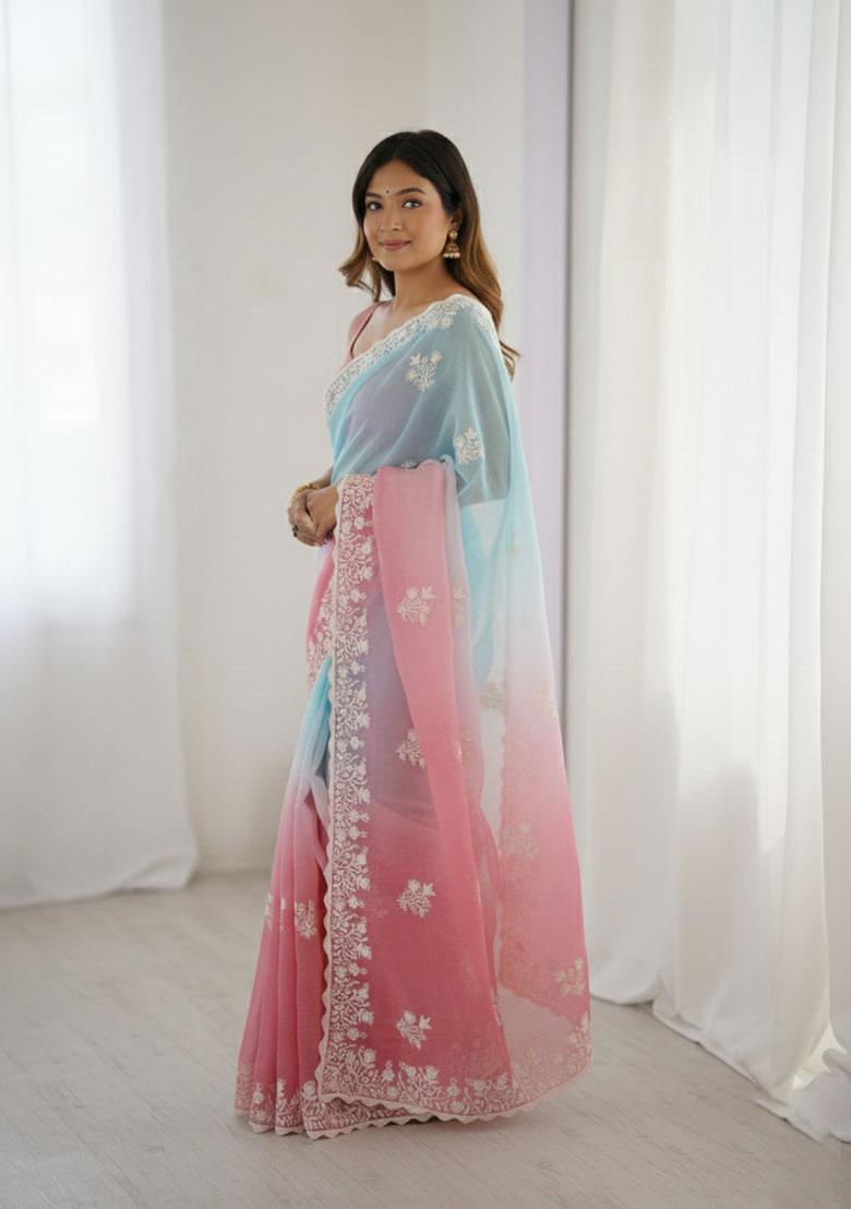 Blue Thread Work Silk Saree Set - Indya