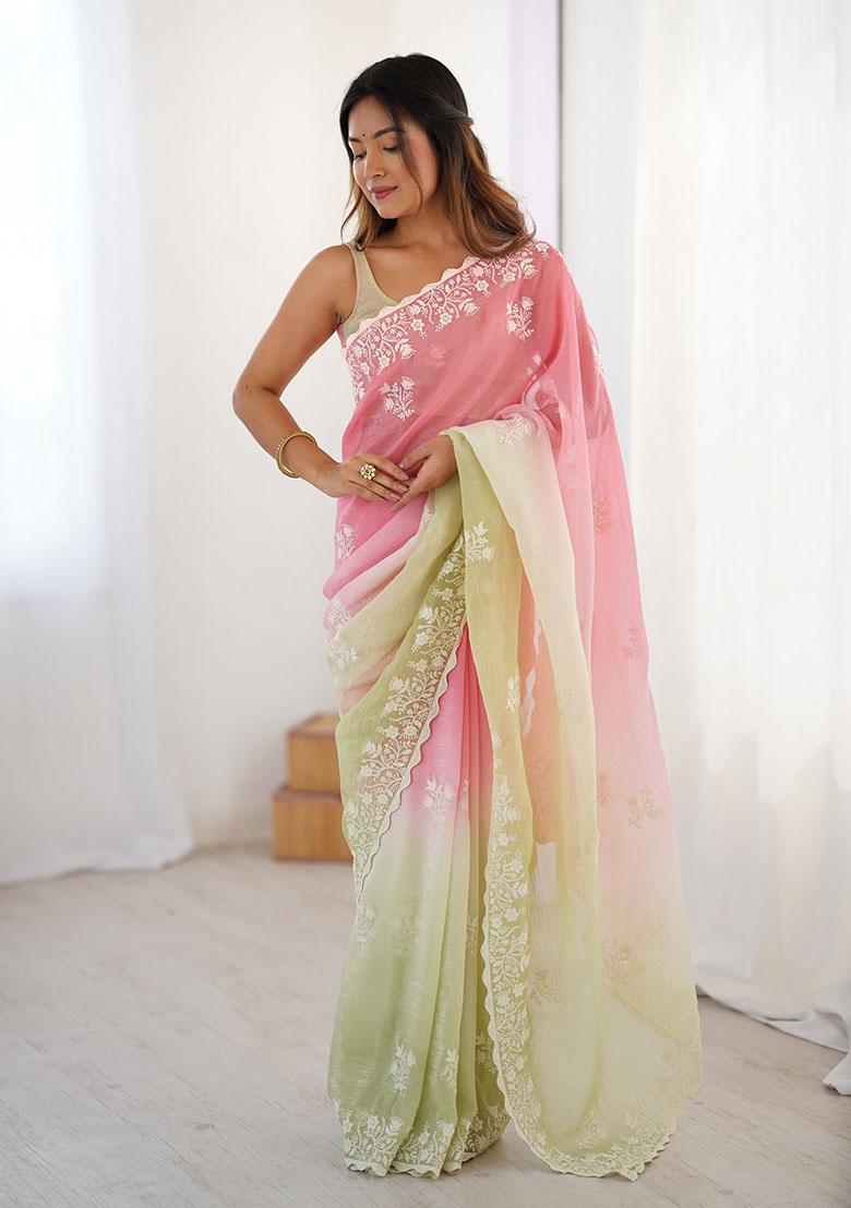 Pink Thread Work Silk Saree Set - Indya