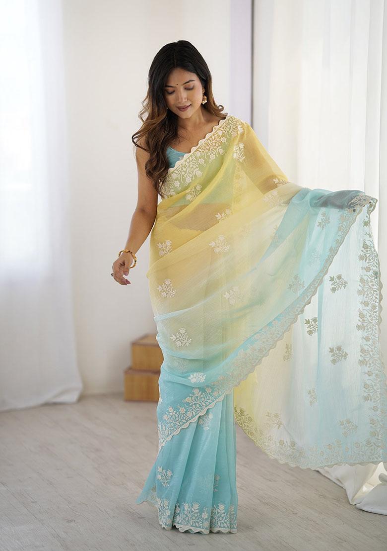 Yellow Thread Work Silk Saree Set - Indya