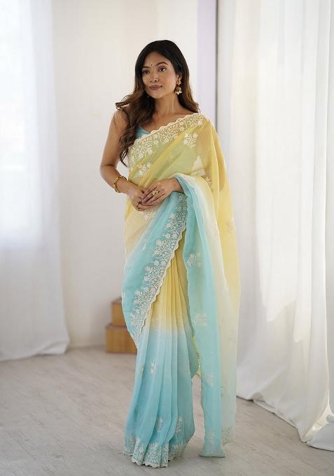 Yellow Thread Work Silk Saree Set