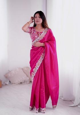 Rani Pink Embroidery Silk Saree Set
