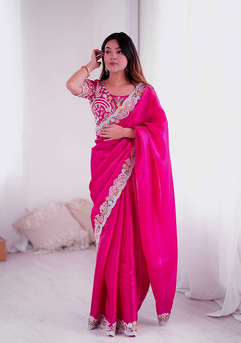 Rani Pink Silk Blend Saree Set with Embroidery for Diwali | Wedding & Festive Wear - Indya