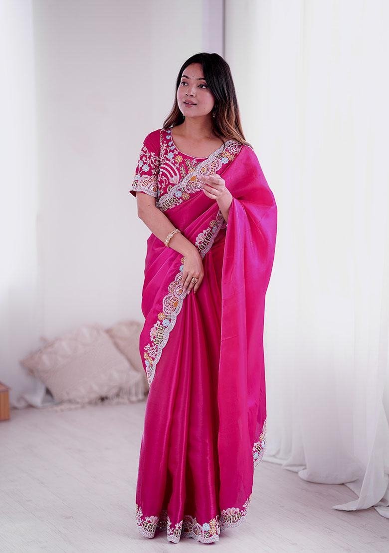 Rani Pink Embroidery Silk Saree Set - Indya