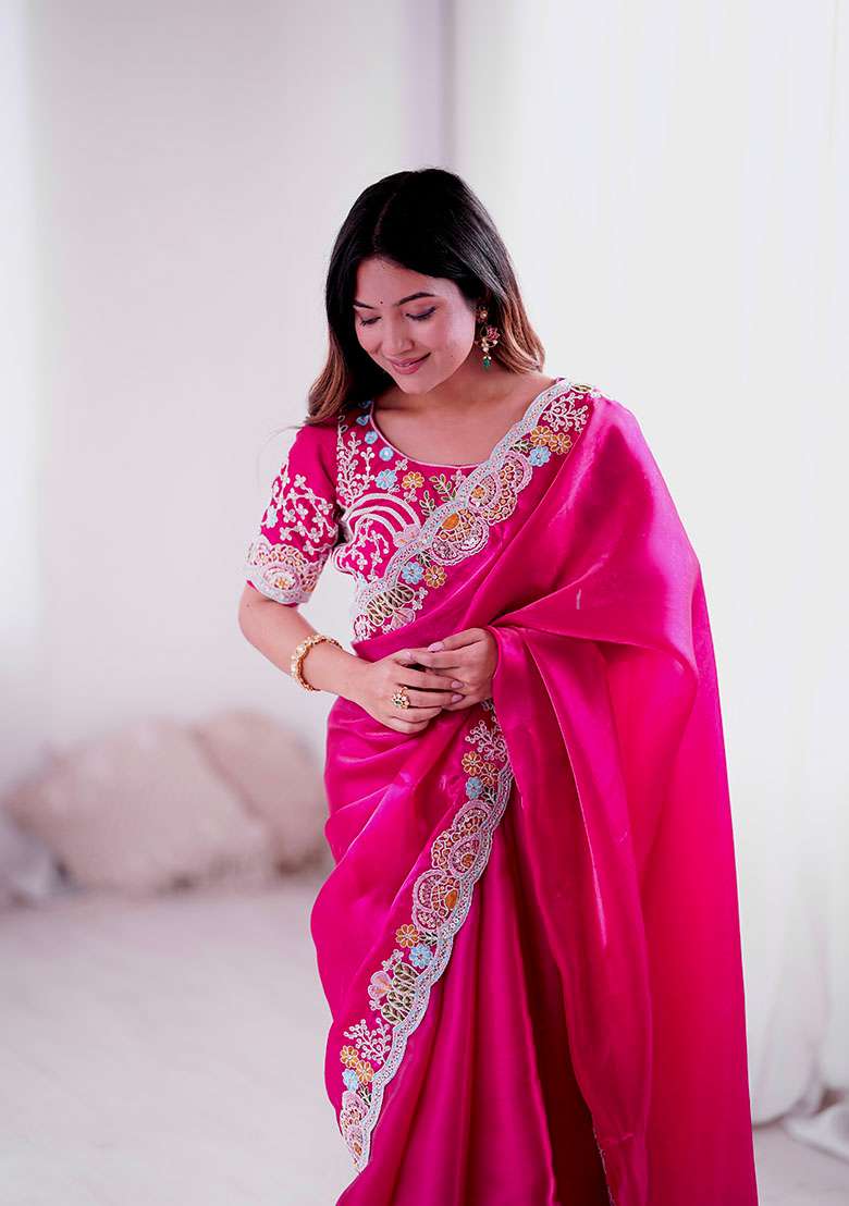 Rani Pink Silk Blend Saree Set with Embroidery for Diwali | Wedding & Festive Wear - Indya