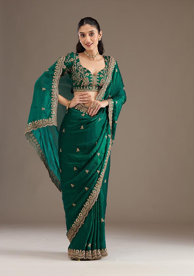 Green Embroidery Silk Saree Set - Indya
