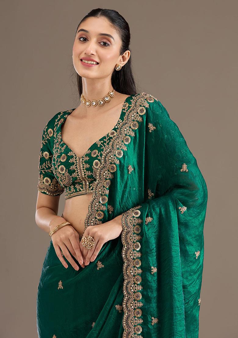 Green Embroidery Silk Saree Set - Indya