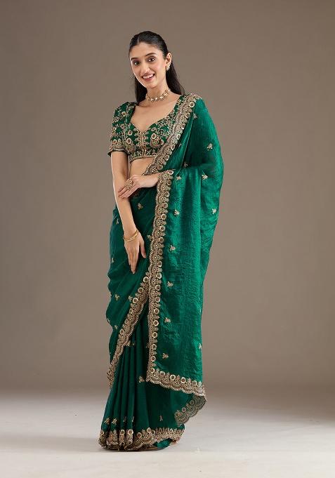 Green Embroidery Silk Saree Set