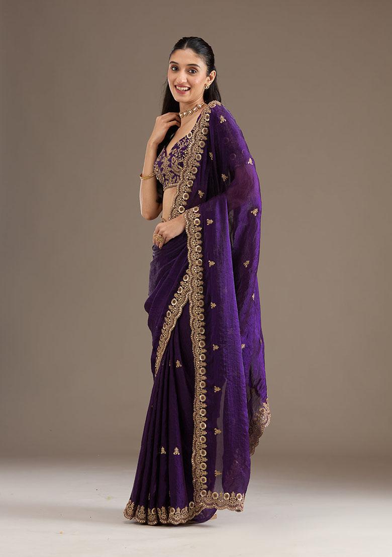 Purple Embroidery Silk Saree Set - Indya