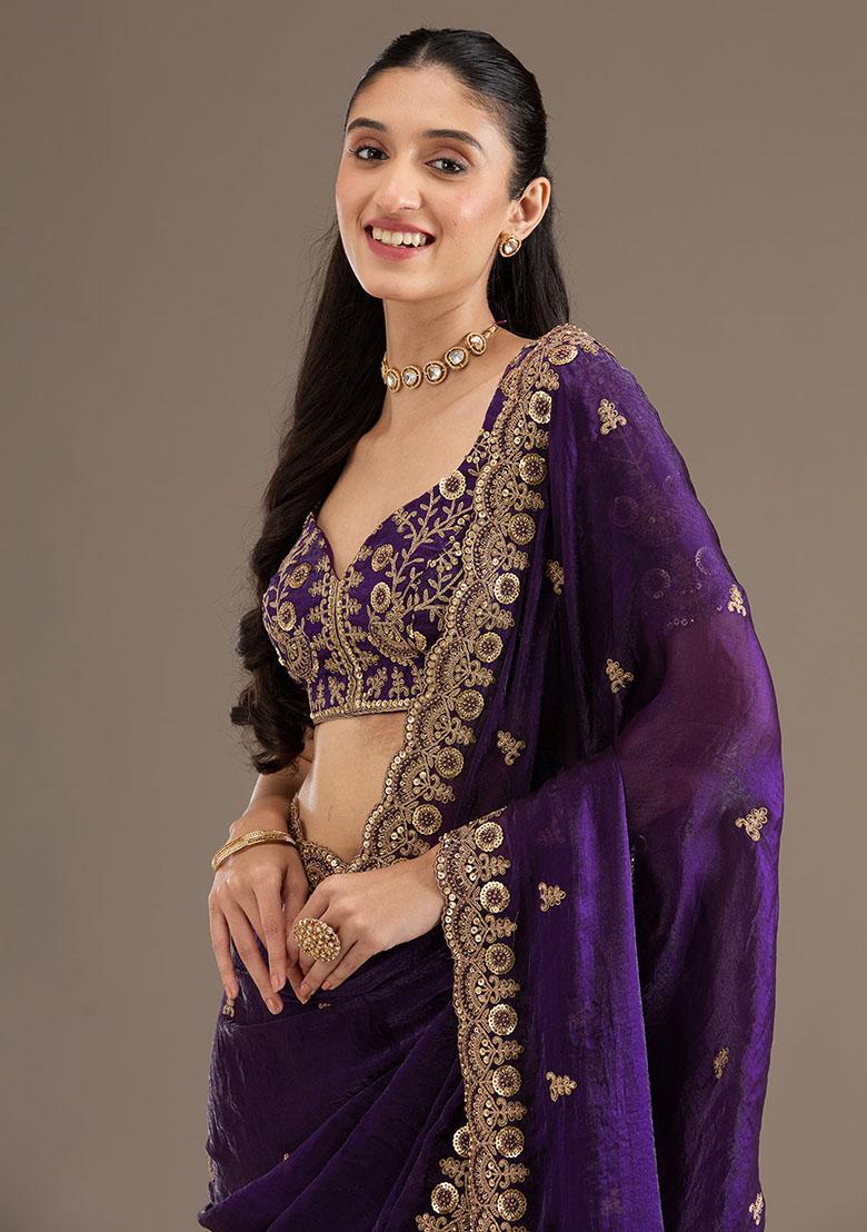 Purple Embroidery Silk Saree Set - Indya