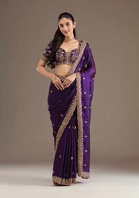 Purple Embroidery Silk Saree Set