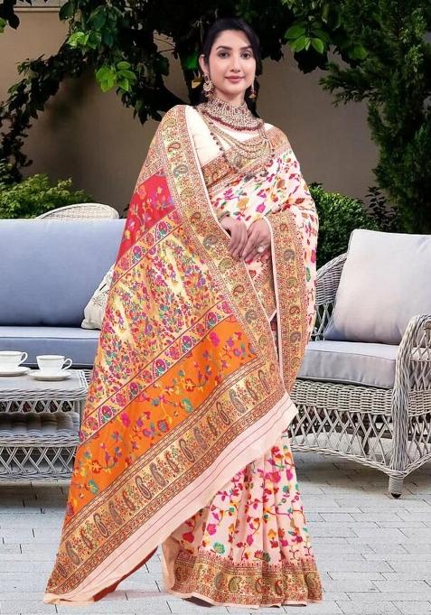 Off White Meena Weaving Work Silk Saree Set