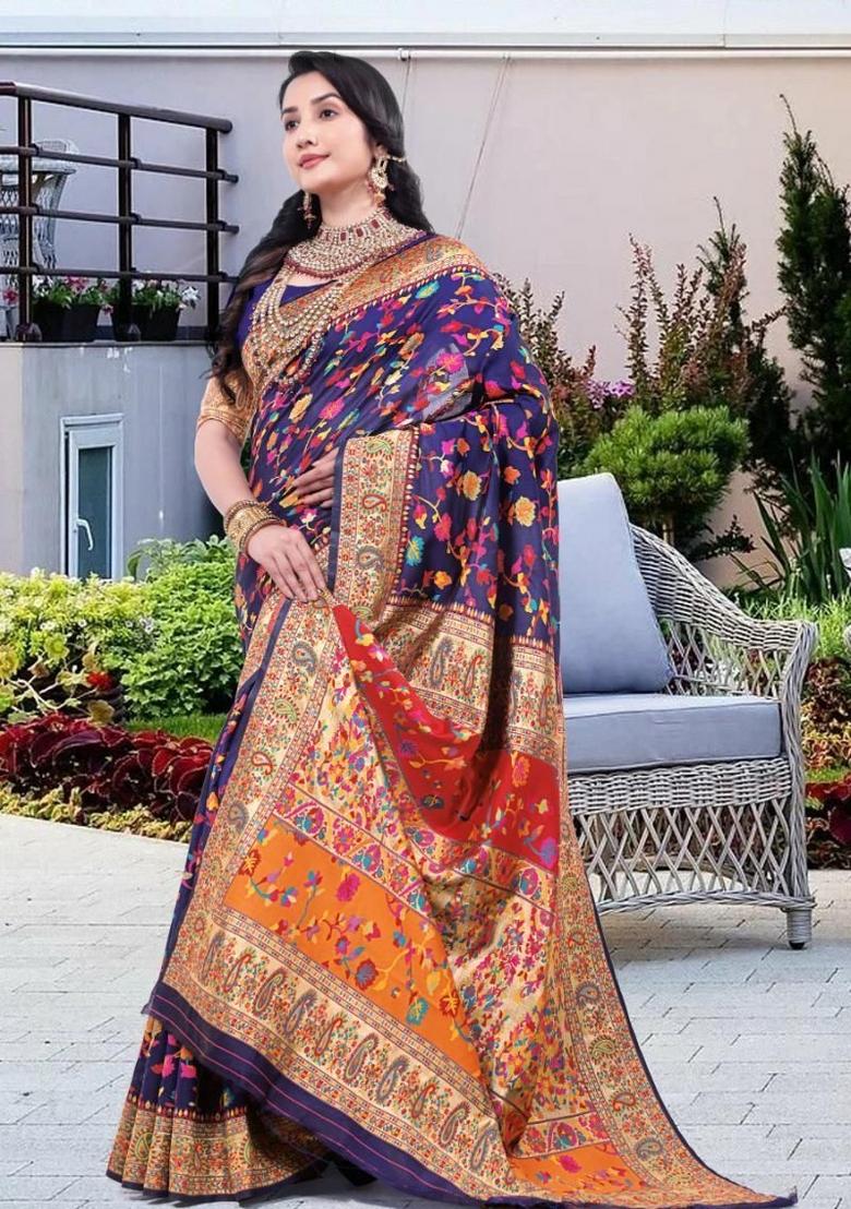 Blue Meena Weaving Work Silk Saree Set - Indya