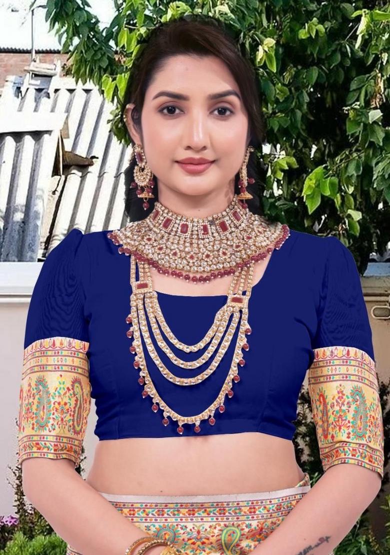 Blue Meena Weaving Work Silk Saree Set - Indya