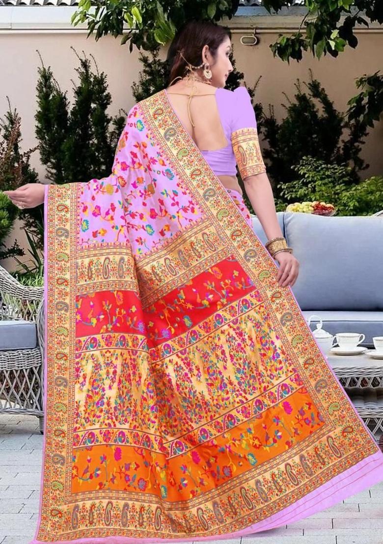 Pink Meena Weaving Work Silk Saree Set - Indya