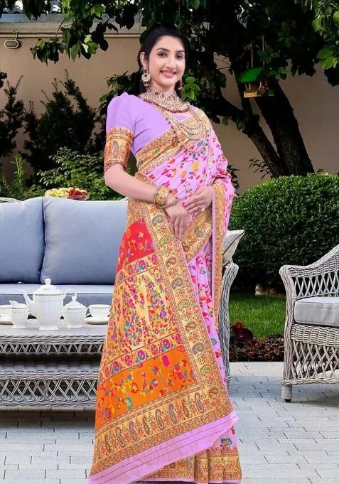 Pink Meena Weaving Work Silk Saree Set