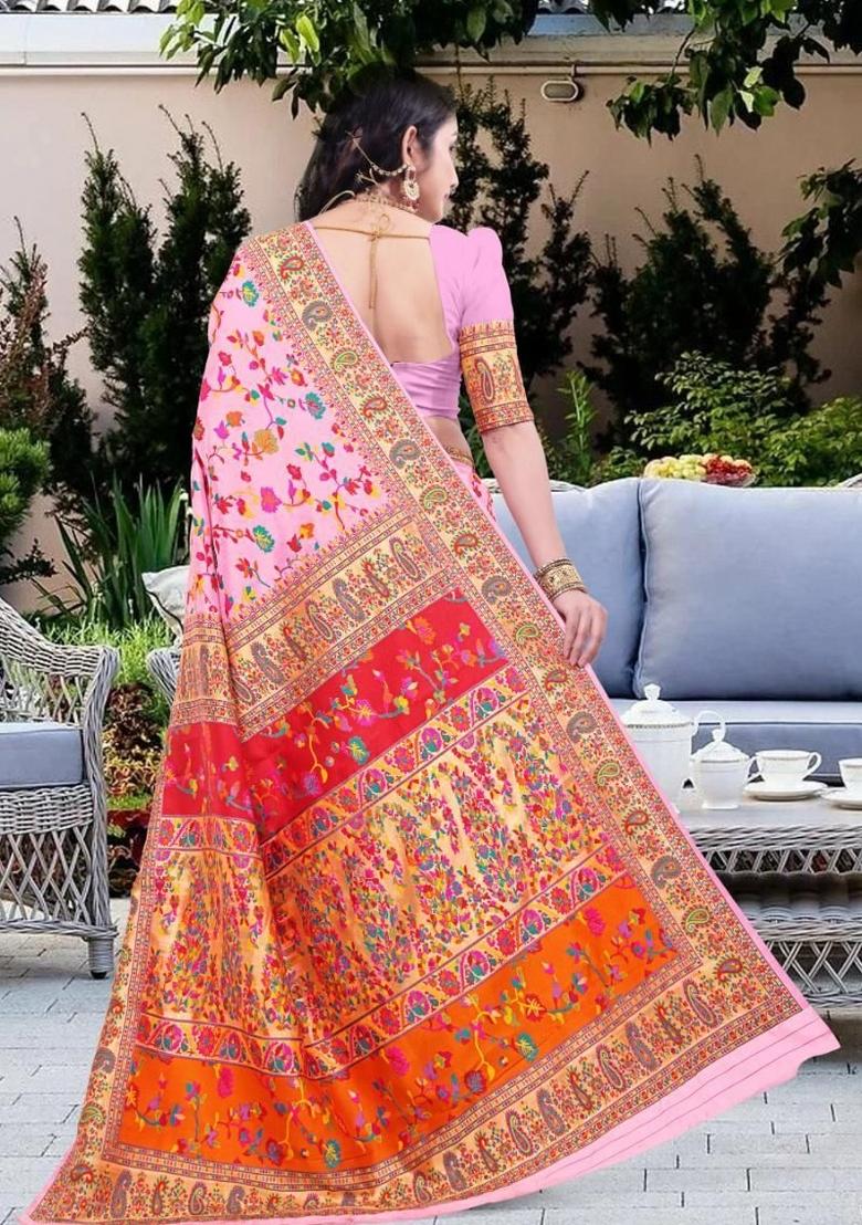 Baby Pink Meena Weaving Work Silk Saree Set - Indya