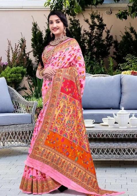 Baby Pink Meena Weaving Work Silk Saree Set