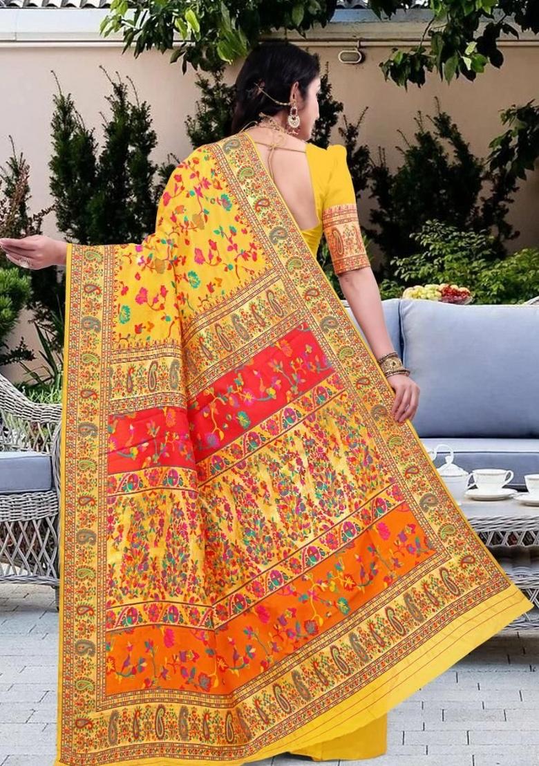 Yellow Meena Weaving Work Silk Saree Set - Indya