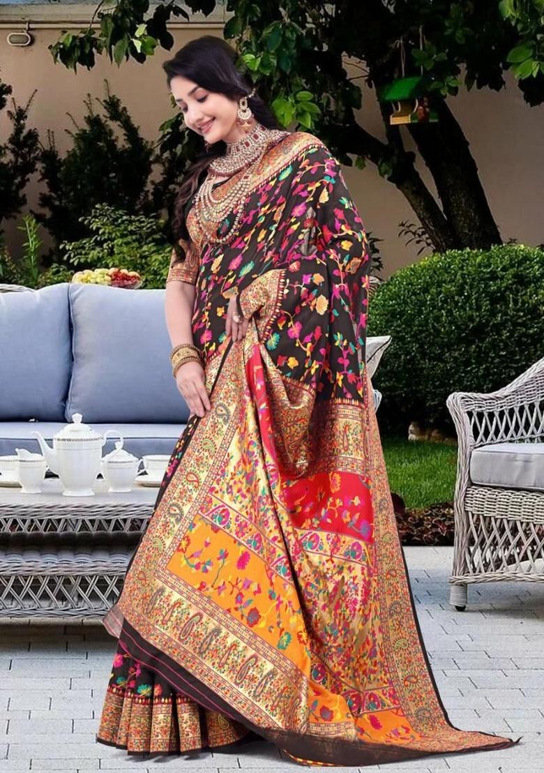 Black Meena Weaving Work Silk Saree Set - Indya