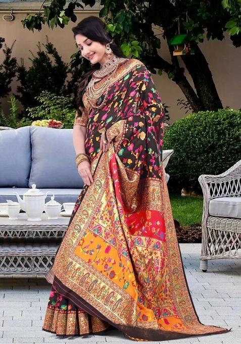 Black Meena Weaving Work Silk Saree Set