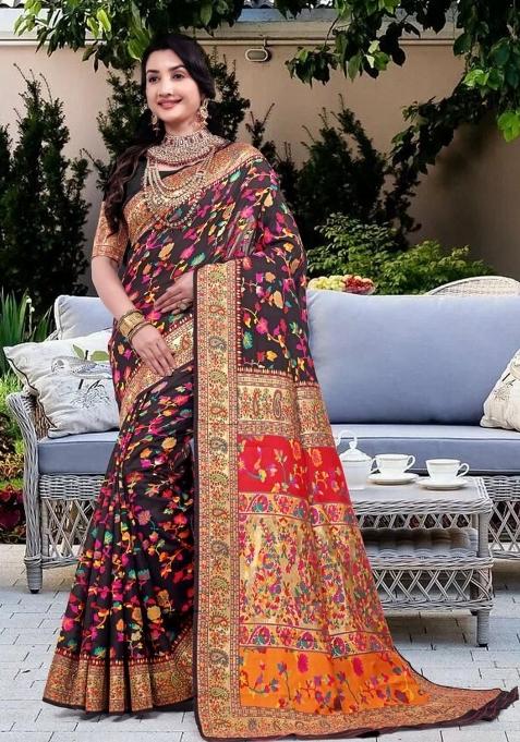 Black Meena Weaving Work Silk Saree Set