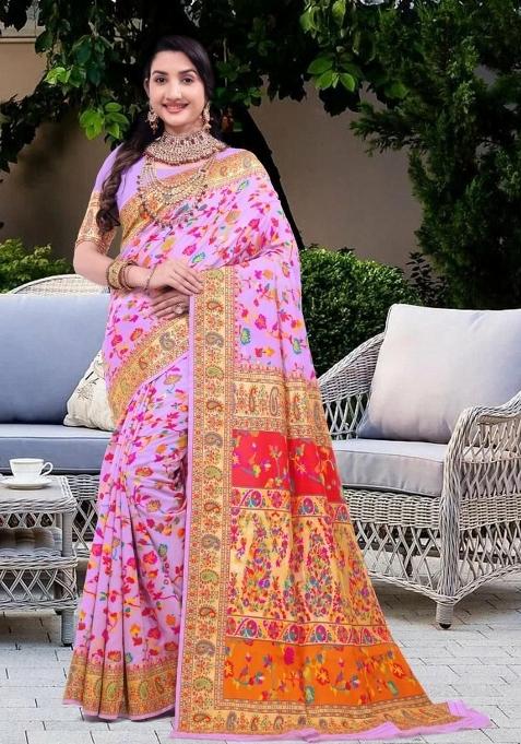Pink Meena Weaving Work Silk Saree Set