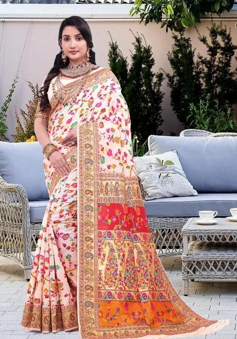 Off White Meena Weaving Work Silk Saree Set