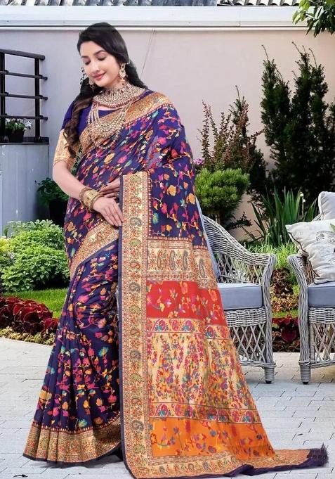 Blue Meena Weaving Work Silk Saree Set