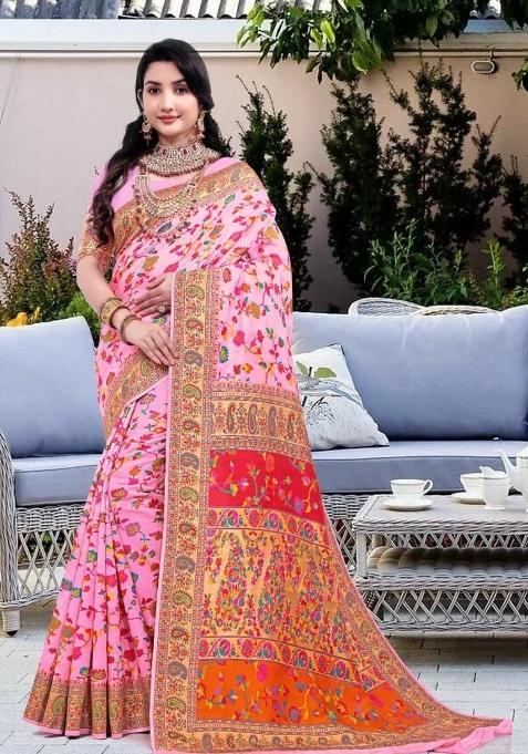 Baby Pink Meena Weaving Work Silk Saree Set