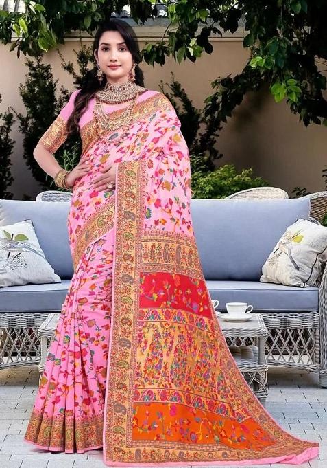 Baby Pink Meena Weaving Work Silk Saree Set