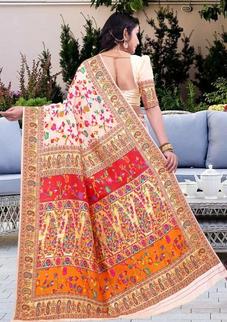 Off White Meena Weaving Work Silk Saree Set - Indya