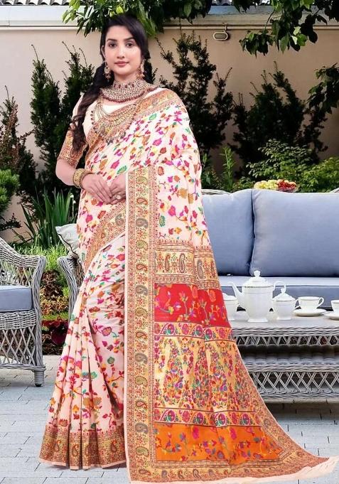 Off White Meena Weaving Work Silk Saree Set