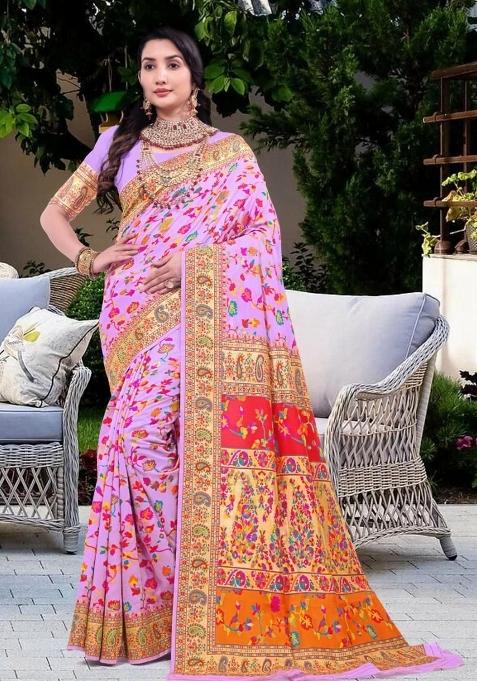 Pink Meena Weaving Work Silk Saree Set