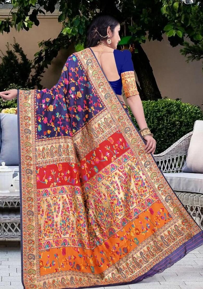 Blue Meena Weaving Work Silk Saree Set - Indya