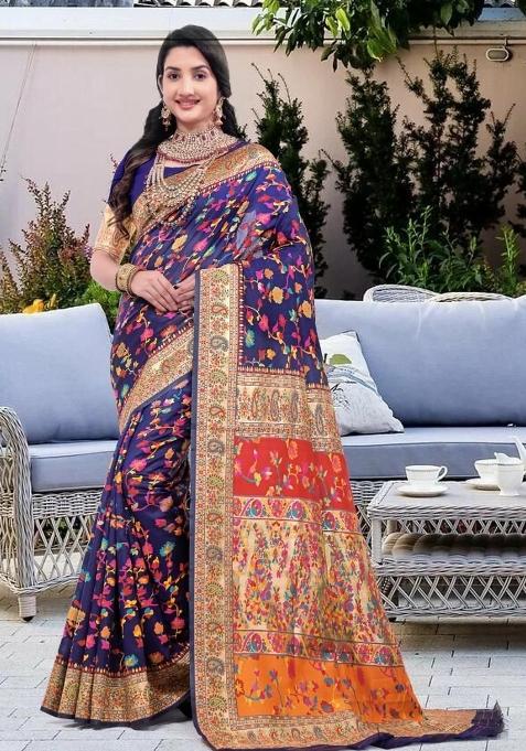 Blue Meena Weaving Work Silk Saree Set