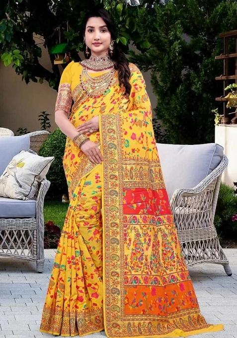 Yellow Meena Weaving Work Silk Saree Set