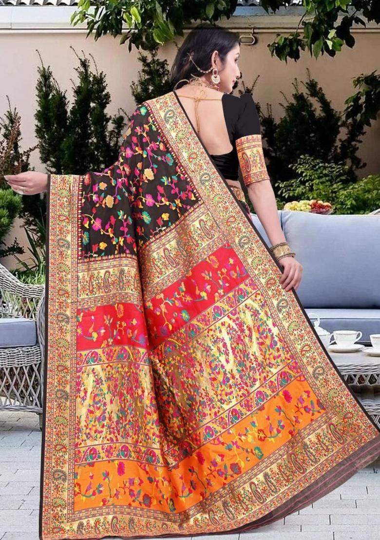 Black Meena Weaving Work Silk Saree Set - Indya