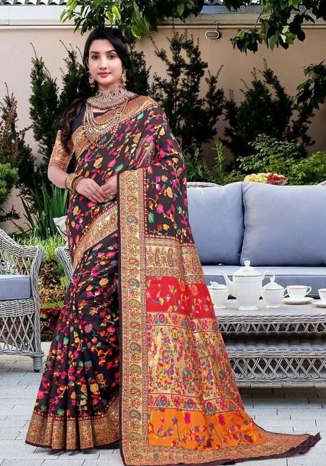 Black Meena Weaving Work Silk Saree Set