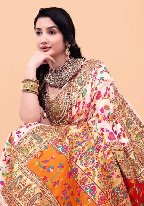 Cream Meena Weaving Work Silk Saree Set