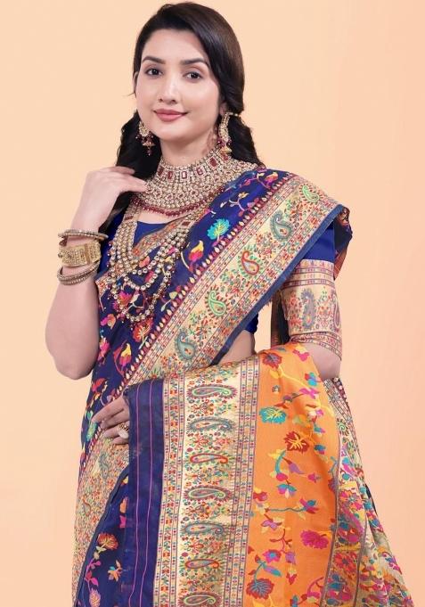 Blue Meena Weaving Work Silk Saree Set