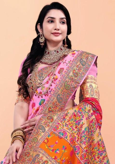 Baby Pink Meena Weaving Work Silk Saree Set