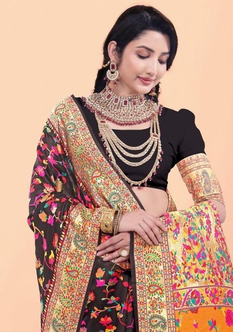 Black Meena Weaving Work Silk Saree Set
