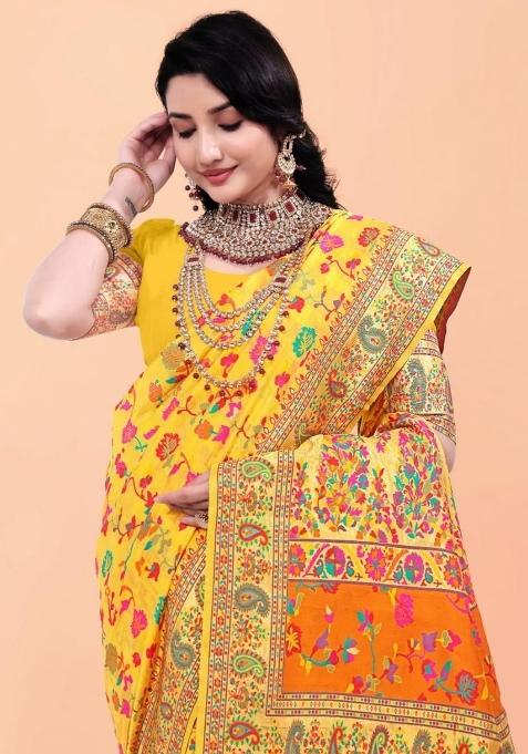 Yellow Meena Weaving Work Silk Saree Set