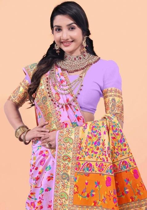 Pink Meena Weaving Work Silk Saree Set