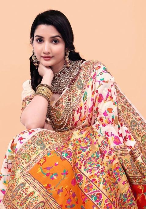 Off White Meena Weaving Work Silk Saree Set