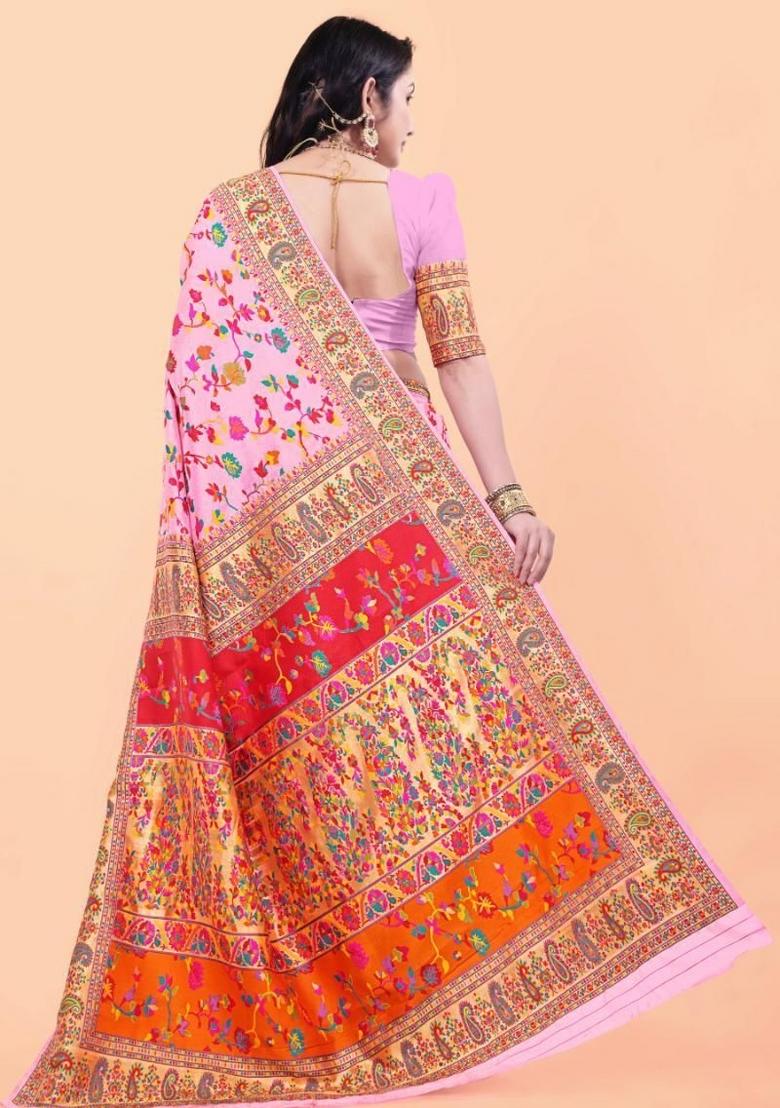 Baby Pink Meena Weaving Work Silk Saree Set - Indya